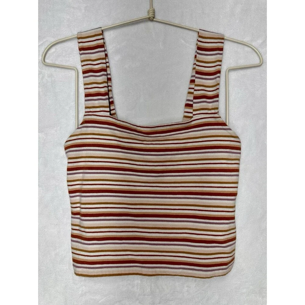Aeropostale Striped Crop Tank Square Neck Y2K Neutral Fitted Top M - Picture 2 of 6